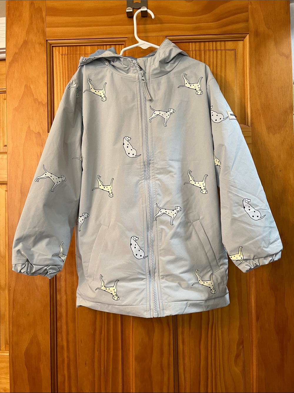 Hooded Rain Jacket, color changing Dalmatians, light blue